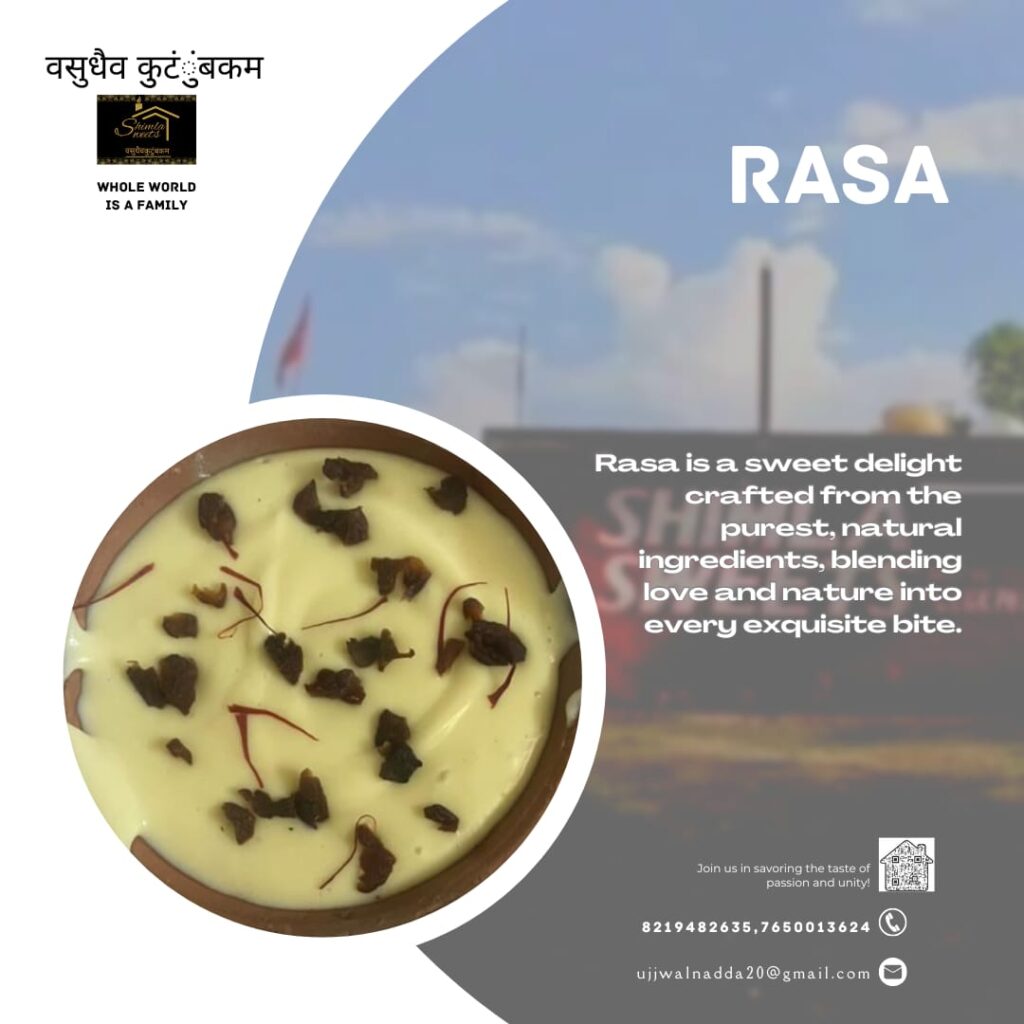 A Image written with Vasudev ktumbkam containing a earthen pot full of sweet, mouth melting Rasa made with purest, natural ingredients, garnished with some saffron threads and finely chopped pistachios.